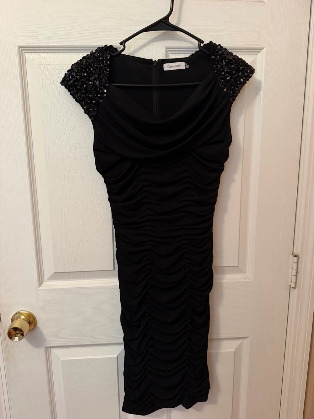 Calvin Klein Black Beaded Cap-Sleeve Ruched Midi Dress